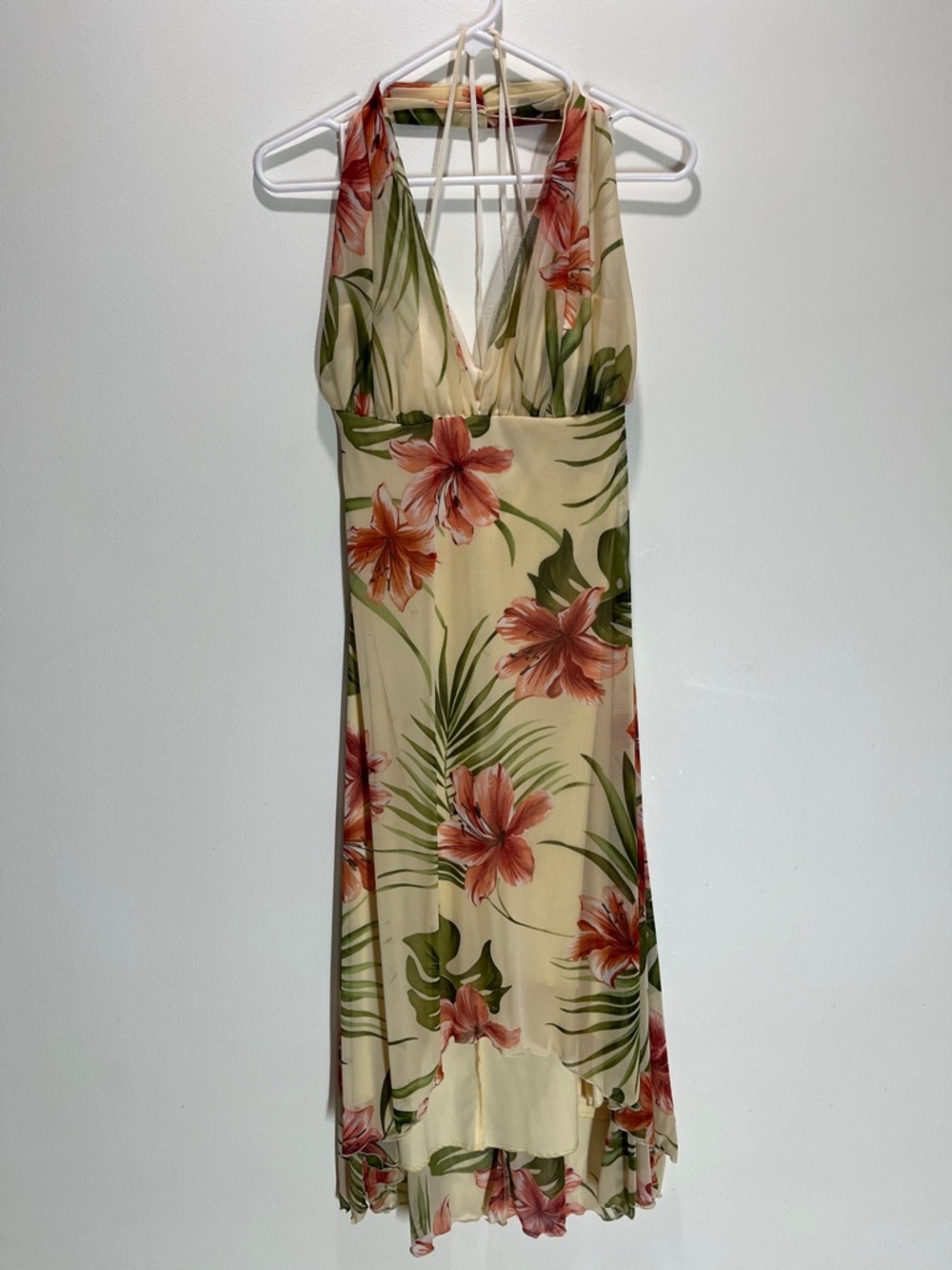 My Michelle Cream Floral Halter Dress with Coral and Green Accents